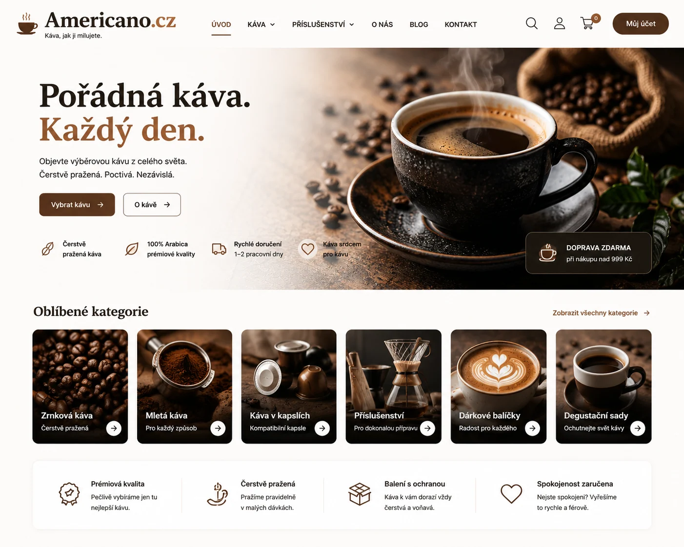 Vizuální návrh možného projektu Americano.cz zaměřeného na kávu americano, kavárenský obsah a kávové produkty